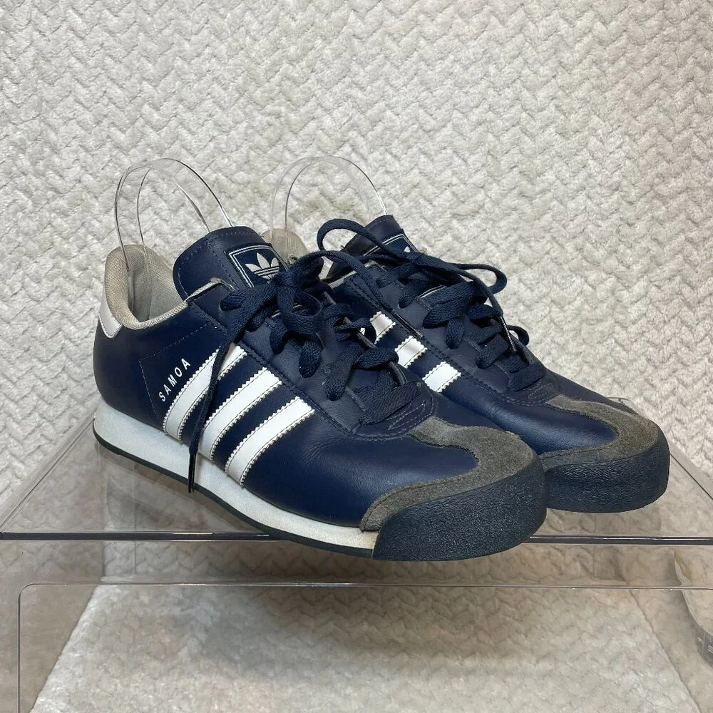 Adidas Samoa Sneakers Navy Blue Leather Suede White Stripes‎ Mens 6.5 Retro 80s